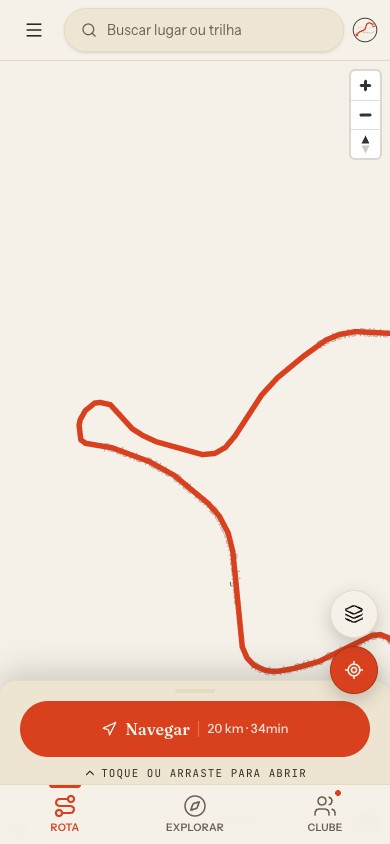 Tela do Tropeiro: uma rota de terra desenhada em vermelho sobre o mapa, com o botão Navegar mostrando 20 km e 34 minutos.